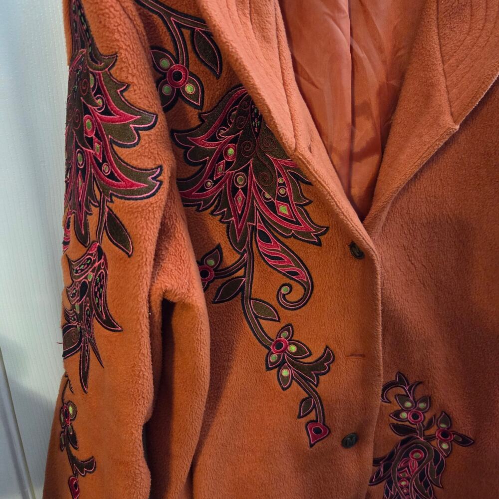 Bob Mackie Wearable Art Embroidered Fleece Jacket Orange Large - Picture 4 of 8